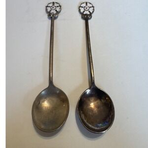 Vintage Exquisite Enamel Rose Silver Tone Souvenir Demitasse Spoons‎ Set of 2